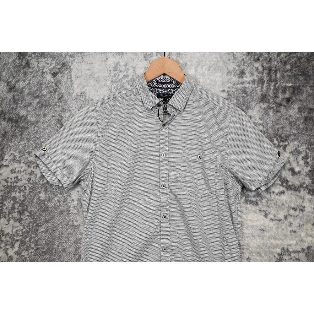 Ted Baker Slim Fit White Cotton Geometric Short Sleeve Button Shirt 3 M Medium
